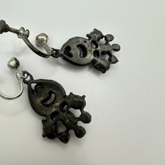 Vintage silver tone purple rhinestones faux turquoise pearls screw back earrings - Picture 8 of 8